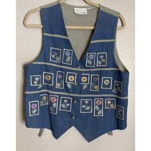 Vintage 90s Casey Max Womens Medium Denim Embroidered Floral Vest Cottage READ